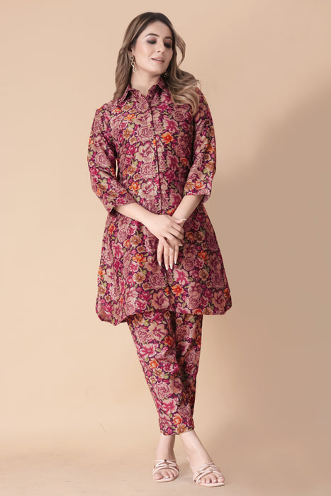 WINE ROSE FLOWER TOP AND PANT CO-ORD SET