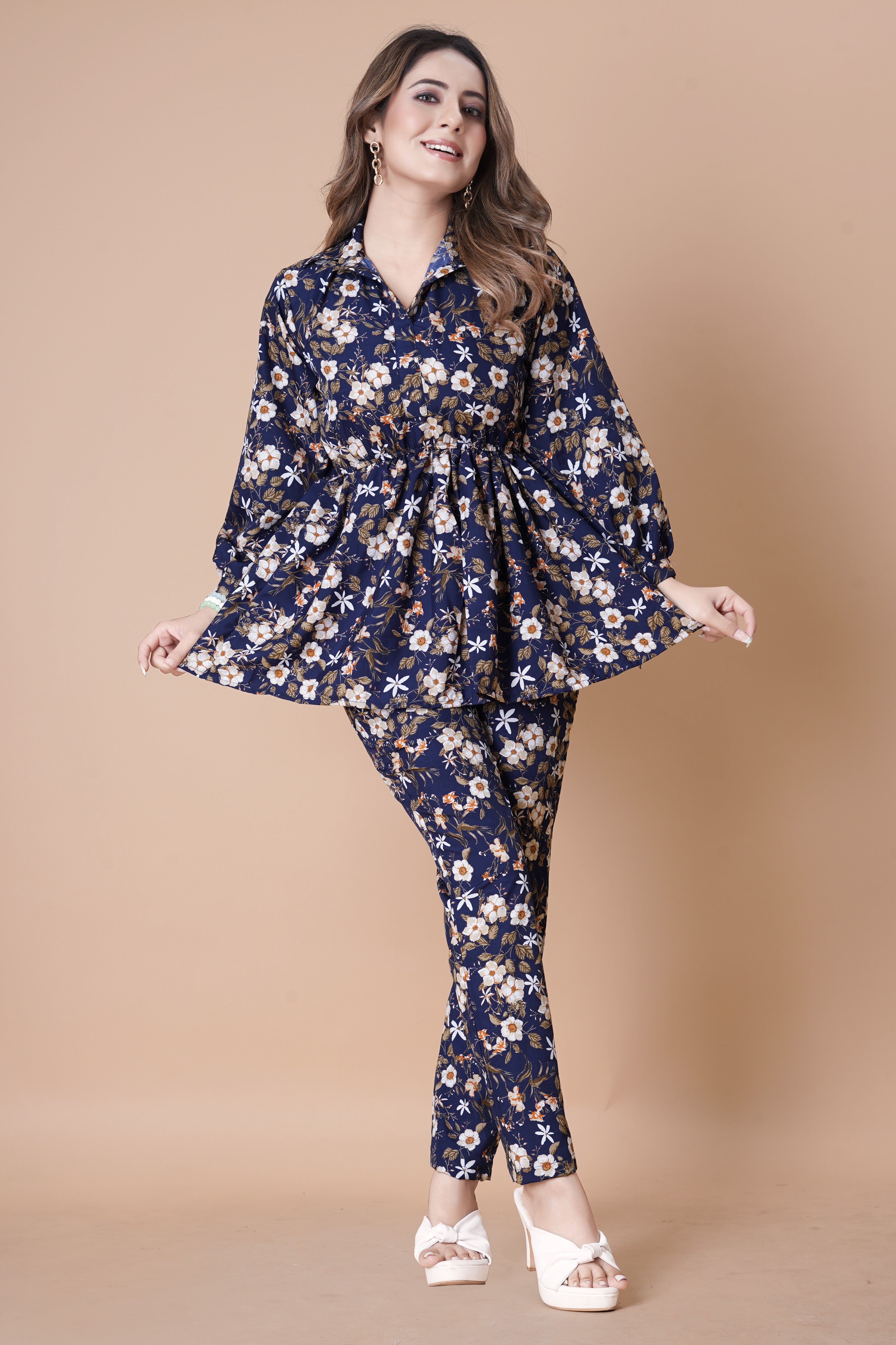 BLUE FLOWER PRINTED TOP AND PANT CO-ORD SET