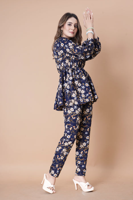 BLUE FLOWER PRINTED TOP AND PANT CO-ORD SET