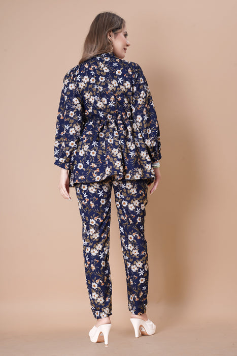 BLUE FLOWER PRINTED TOP AND PANT CO-ORD SET