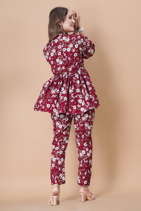 VIVID BURGUNDY FLOWER PRINTED TOP AND PANT CO-ORD SET