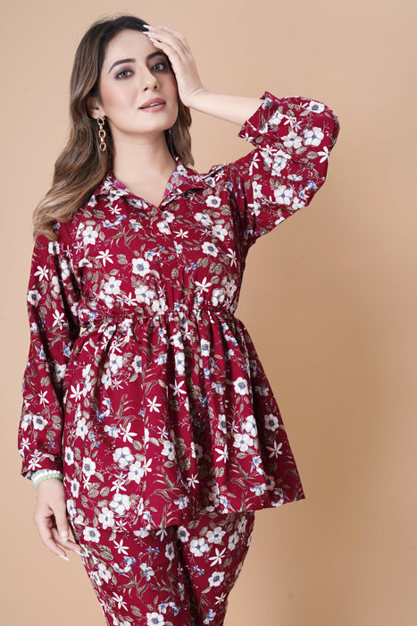 VIVID BURGUNDY FLOWER PRINTED TOP AND PANT CO-ORD SET