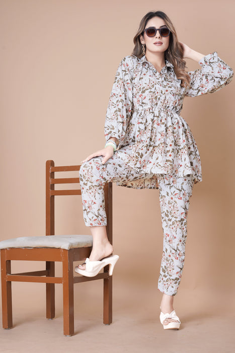 WHITE FLOWER PRINTED TOP AND PANT CO-ORD SET