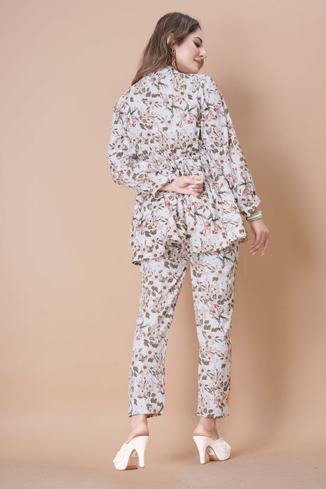 WHITE FLOWER PRINTED TOP AND PANT CO-ORD SET