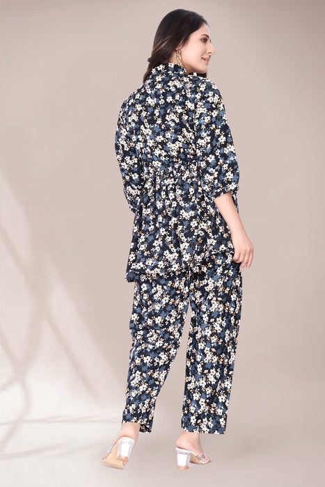 THUNDER BLUE FLOWER PRINTED TOP AND PANT CO-ORD SET