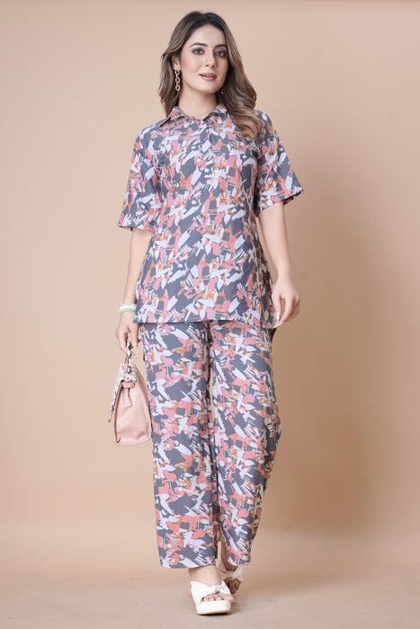 TEALISH BLUE WITH PINK MULTI COLOUR BLOCK PRINTED TOP AND PLAZOO CO-ORD SET