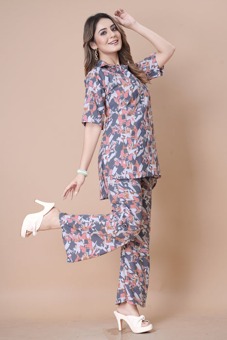 TEALISH BLUE WITH PINK MULTI COLOUR BLOCK PRINTED TOP AND PLAZOO CO-ORD SET