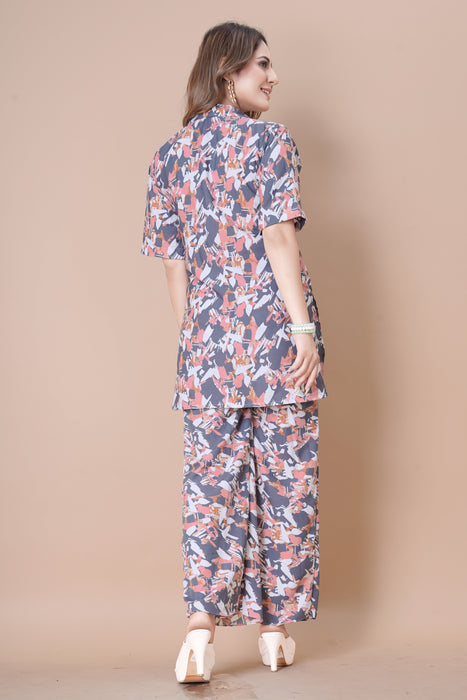 TEALISH BLUE WITH PINK MULTI COLOUR BLOCK PRINTED TOP AND PLAZOO CO-ORD SET