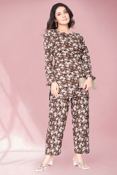 CONGO BROWN FLOWER PRINTED KURTA AND PANT CO-ORD SET