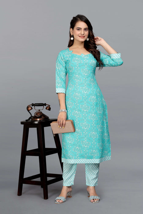 VANSHITA PRINTED KURTI AND PANT SET SKY BLUE