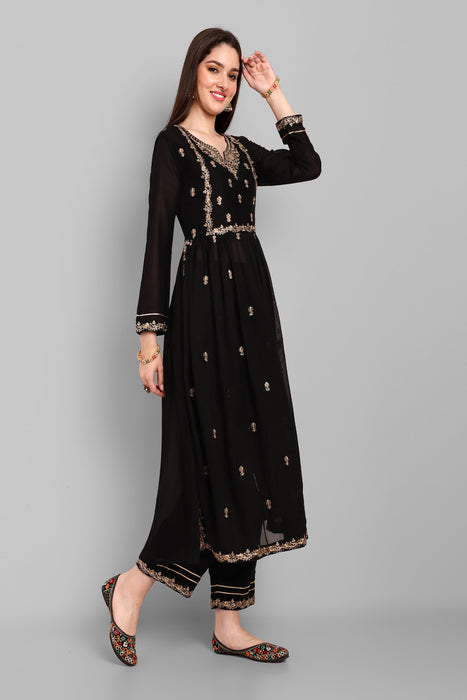 BLACK FANCY EMBROIDERY WORK V NECK KURTA & PANT SET