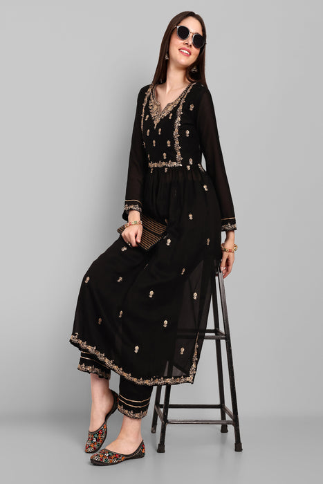 BLACK FANCY EMBROIDERY WORK V NECK KURTA & PANT SET