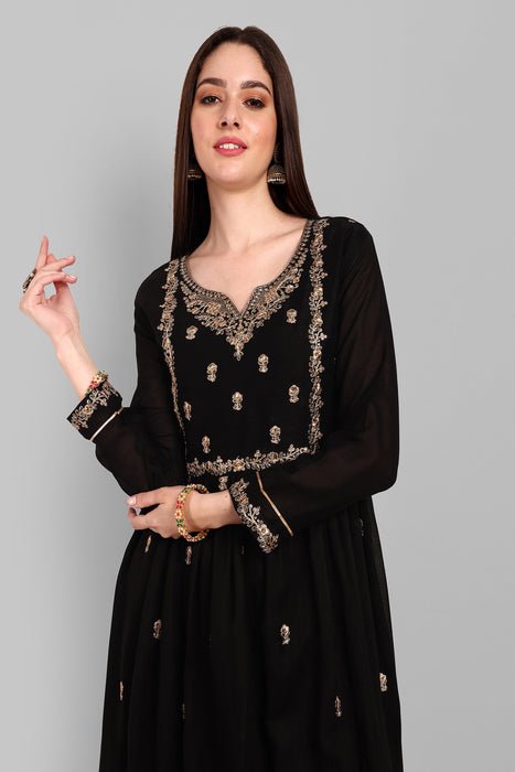 BLACK FANCY EMBROIDERY WORK V NECK KURTA & PANT SET