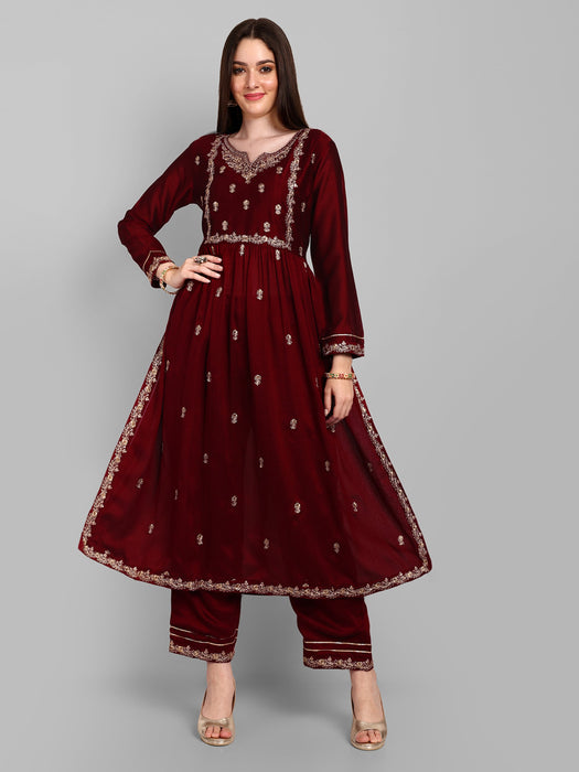 MAROON FANCY EMBROIDERY WORK V NECK KURTA & PANT SET