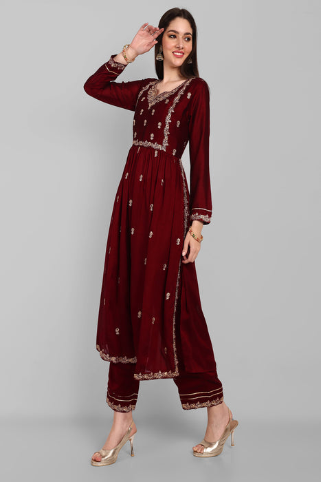 MAROON FANCY EMBROIDERY WORK V NECK KURTA & PANT SET