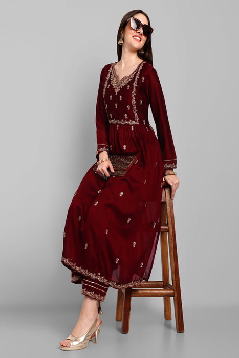 MAROON FANCY EMBROIDERY WORK V NECK KURTA & PANT SET