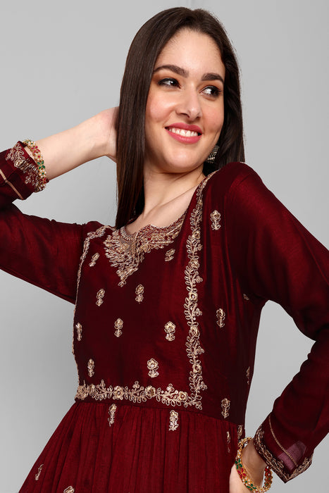 MAROON FANCY EMBROIDERY WORK V NECK KURTA & PANT SET