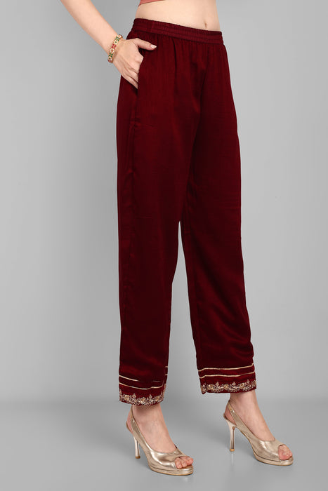 MAROON FANCY EMBROIDERY WORK V NECK KURTA & PANT SET