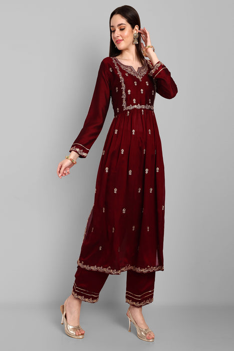 MAROON FANCY EMBROIDERY WORK V NECK KURTA & PANT SET