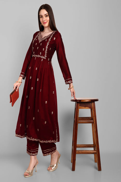 MAROON FANCY EMBROIDERY WORK V NECK KURTA & PANT SET