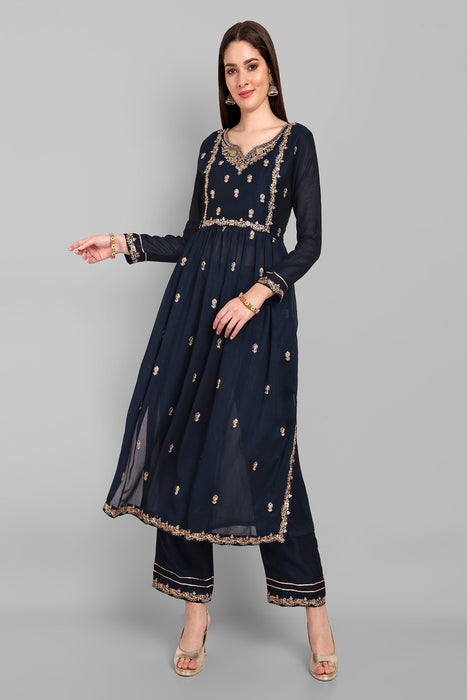 NAVY FANCY EMBROIDERY WORK V NECK KURTA & PANT SET