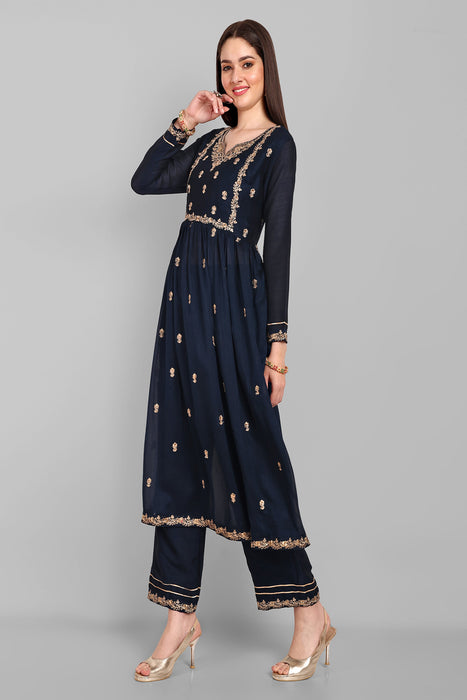 NAVY FANCY EMBROIDERY WORK V NECK KURTA & PANT SET