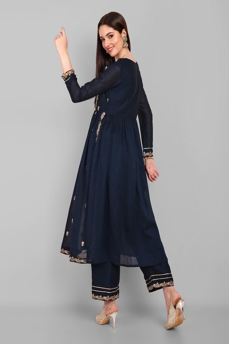 NAVY FANCY EMBROIDERY WORK V NECK KURTA & PANT SET