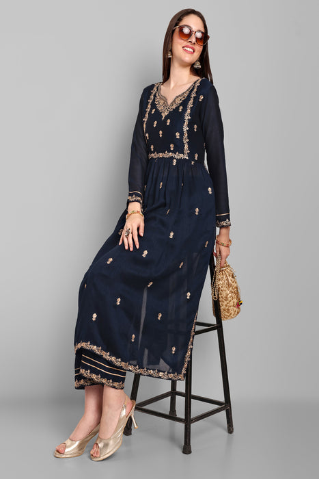 NAVY FANCY EMBROIDERY WORK V NECK KURTA & PANT SET