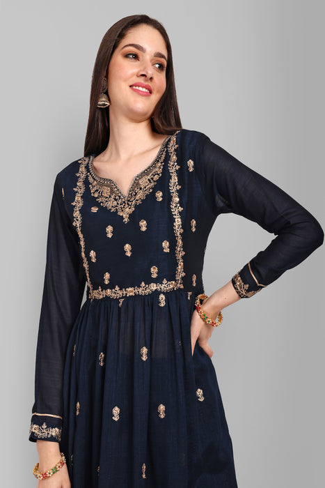 NAVY FANCY EMBROIDERY WORK V NECK KURTA & PANT SET