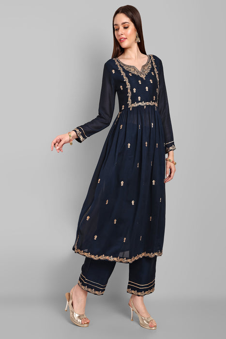 NAVY FANCY EMBROIDERY WORK V NECK KURTA & PANT SET