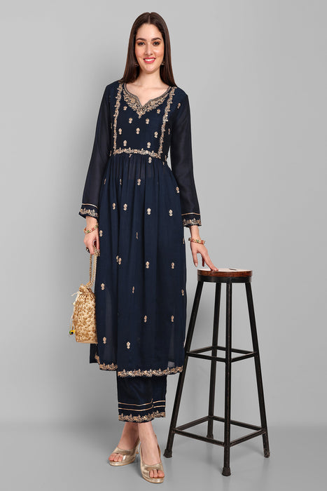 NAVY FANCY EMBROIDERY WORK V NECK KURTA & PANT SET