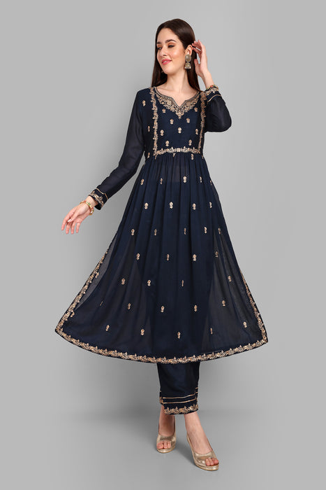 NAVY FANCY EMBROIDERY WORK V NECK KURTA & PANT SET