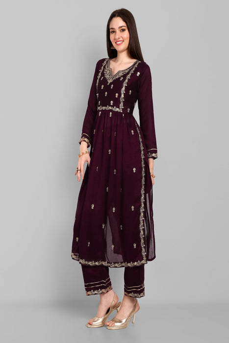 WINE FANCY EMBROIDERY WORK V NECK KURTA & PANT SET