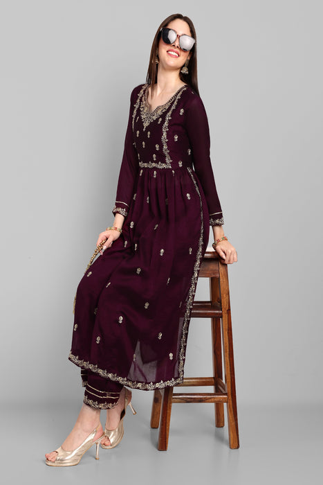 WINE FANCY EMBROIDERY WORK V NECK KURTA & PANT SET