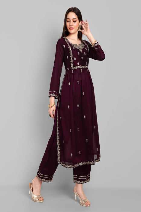 WINE FANCY EMBROIDERY WORK V NECK KURTA & PANT SET