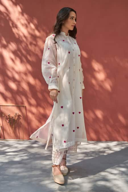 WHITE WITH RED HEART EMBROIDERY KURTA SET