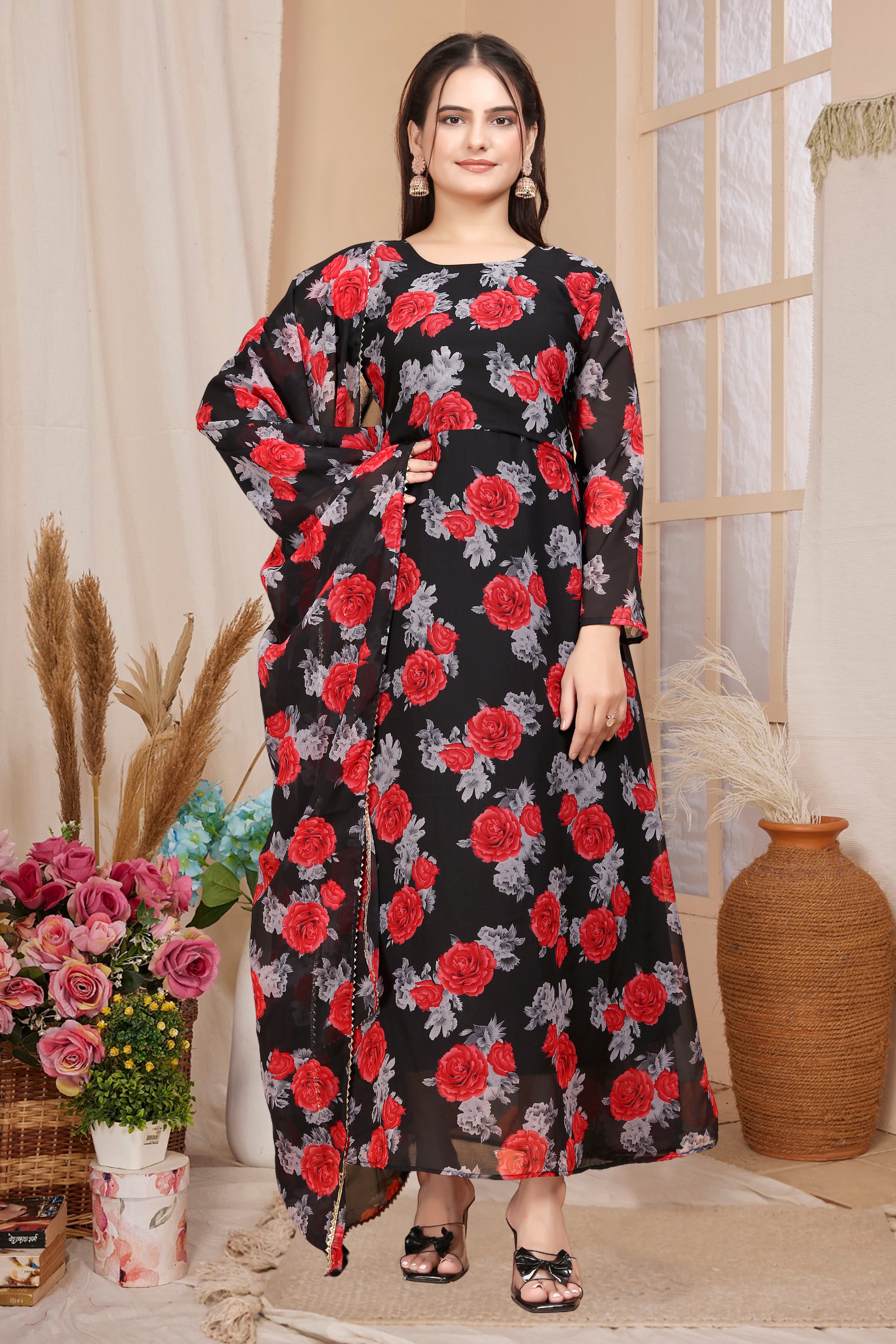 BLACK RED FLOWER MAXI GOWN