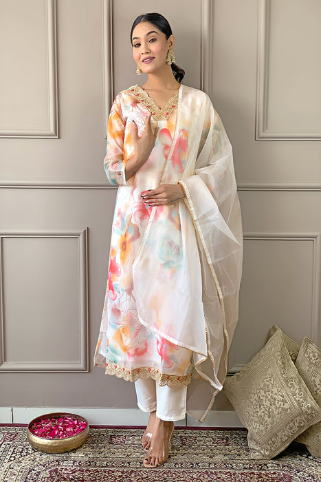 CREAM FLOWER PRINTED KURTI WITH PANT