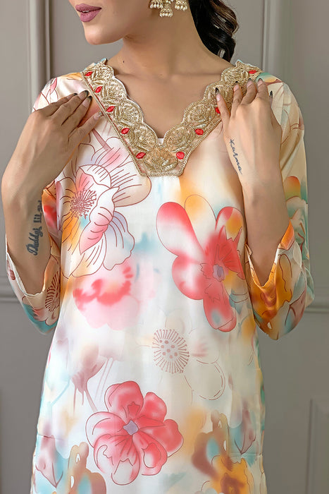 CREAM FLOWER PRINTED KURTI WITH PANT