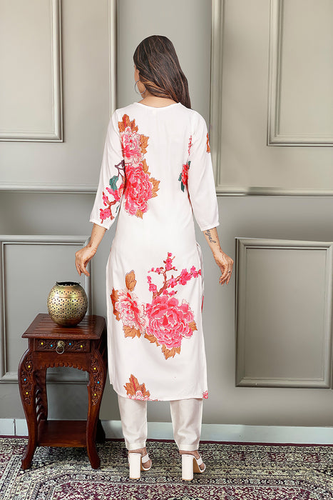 OFF WHITE WITH PINK FLOWER PRINTED KURTI WITH PANT