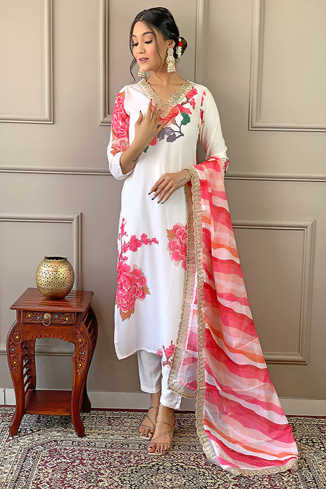 OFF WHITE WITH PINK FLOWER PRINTED KURTI WITH PANT