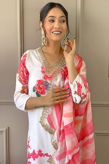 OFF WHITE WITH PINK FLOWER PRINTED KURTI WITH PANT