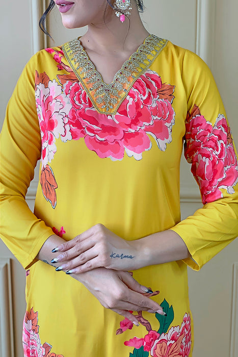 MUSTARD YELLOW WITH PINK FLOWER PRINTED KURTI WITH PANT