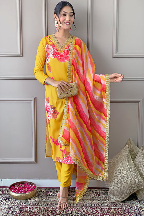 MUSTARD YELLOW WITH PINK FLOWER PRINTED KURTI WITH PANT