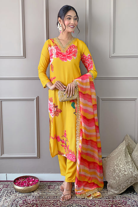 MUSTARD YELLOW WITH PINK FLOWER PRINTED KURTI WITH PANT