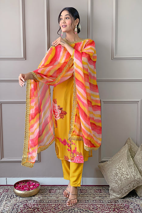 MUSTARD YELLOW WITH PINK FLOWER PRINTED KURTI WITH PANT