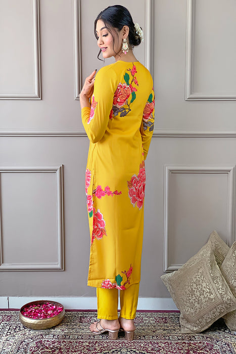 MUSTARD YELLOW WITH PINK FLOWER PRINTED KURTI WITH PANT