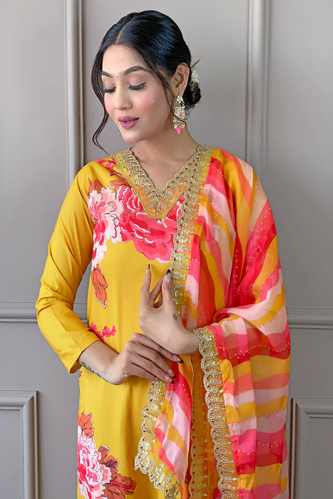 MUSTARD YELLOW WITH PINK FLOWER PRINTED KURTI WITH PANT