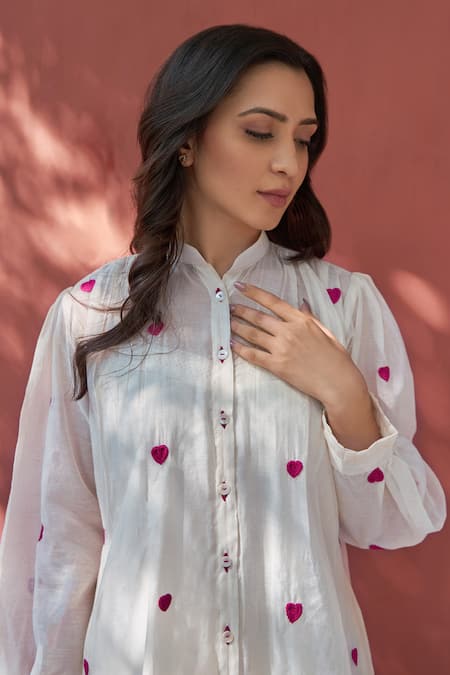 WHITE WITH RED HEART EMBROIDERY KURTA SET