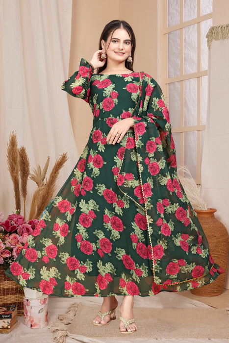 GREEN RED FLOWER MAXI GOWN